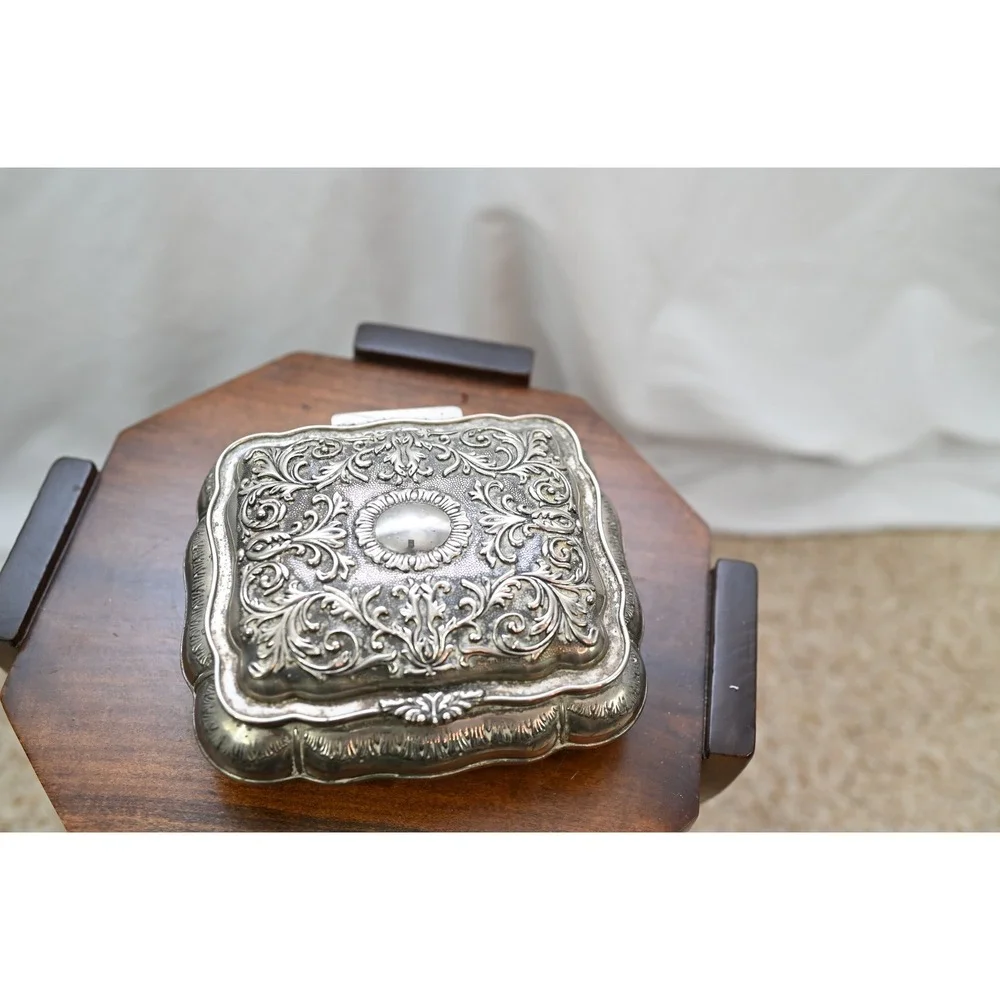Vintage Silver Plated Jewelry Box Red Velvet Lined Ornate Repousse Floral Box